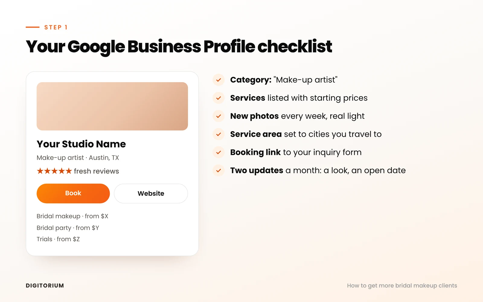 Google Business Profile checklist for makeup artists: category, services with prices, weekly photos, service area, booking link, two posts a month.