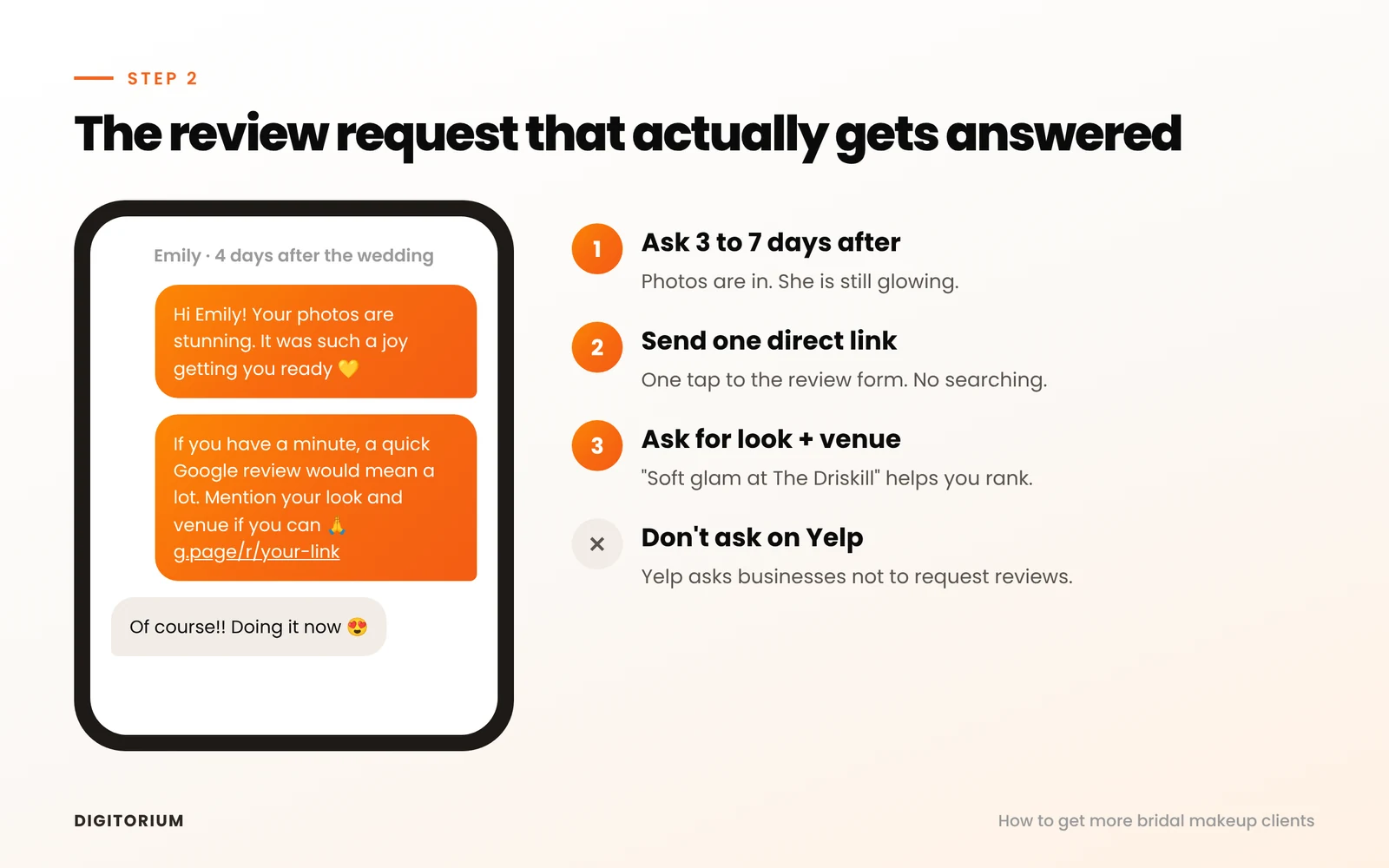 Example text message asking a bride for a Google review, mentioning her look and venue.