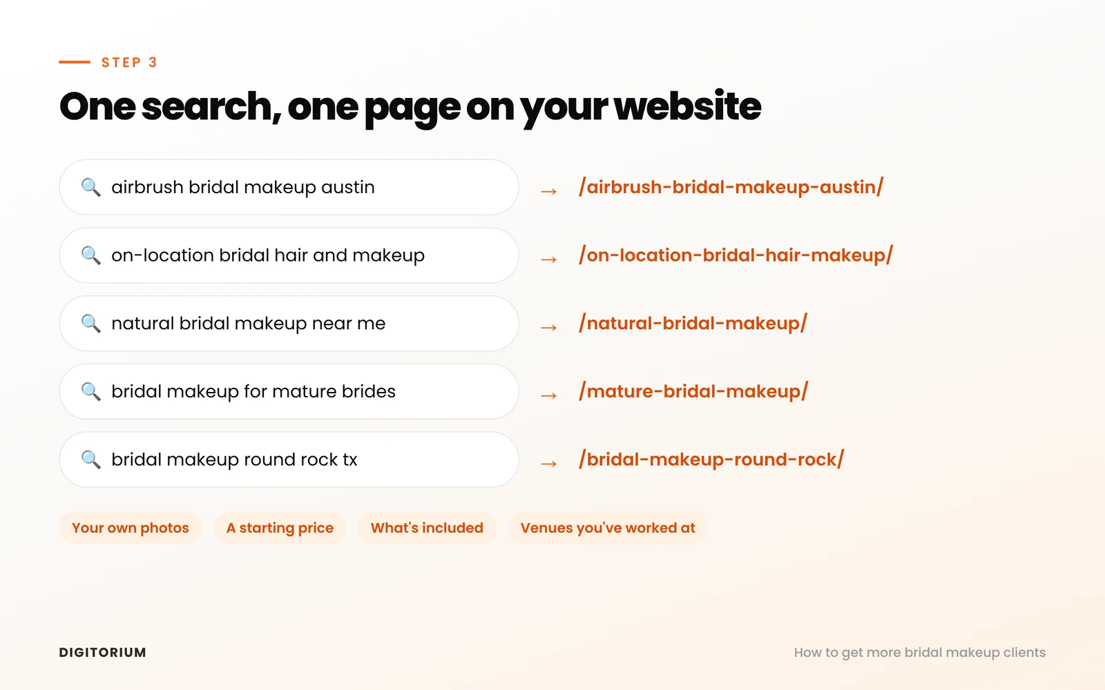Five search phrases brides use, each matched to its own page on a makeup artist's website.