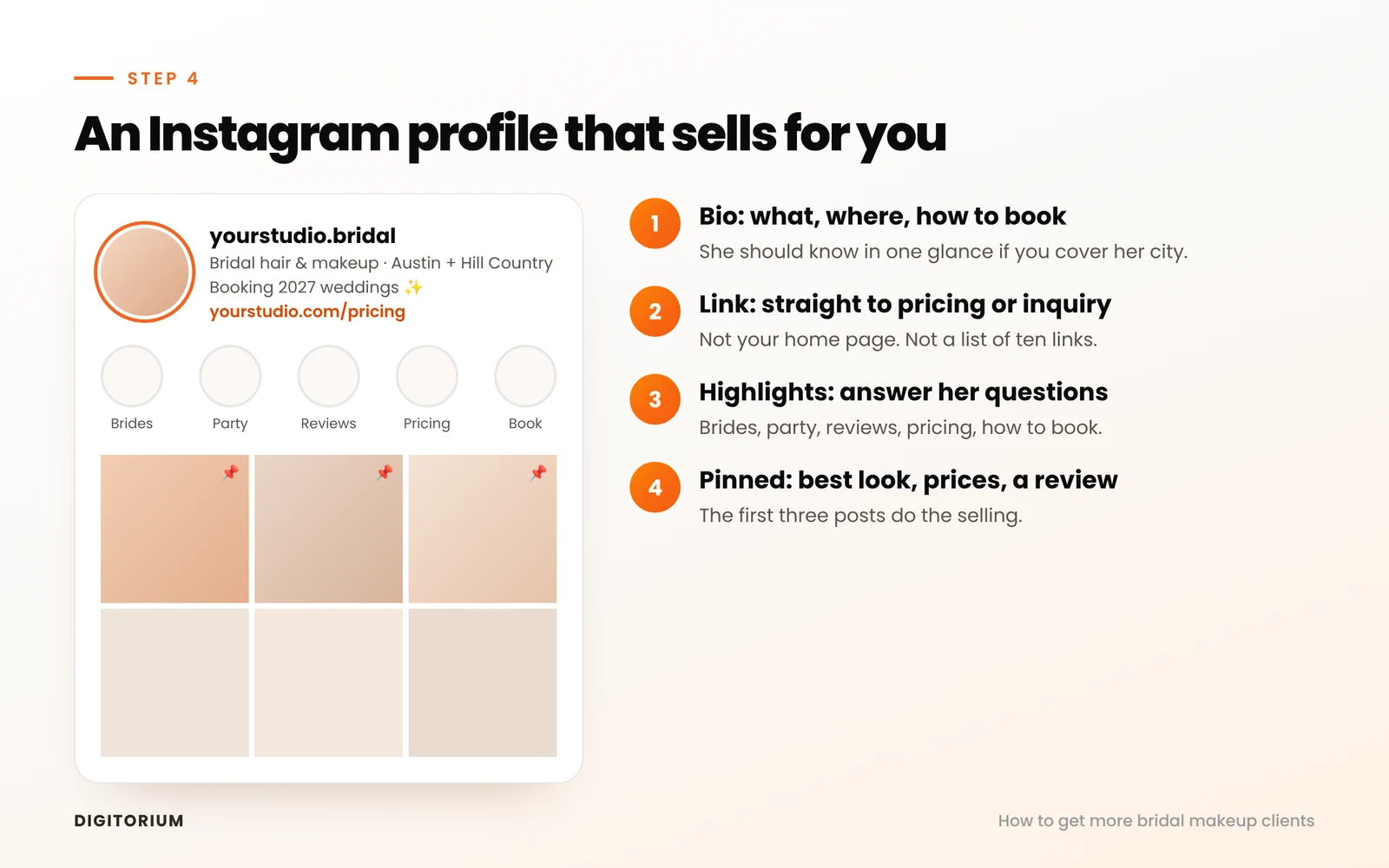 Annotated Instagram profile for a bridal makeup artist showing bio, link, pinned posts and highlights.