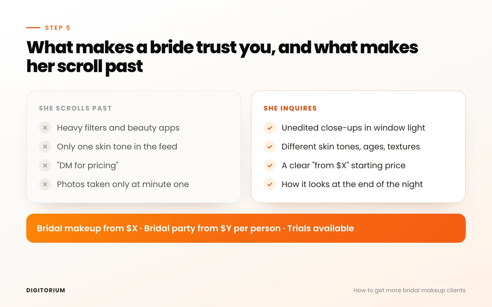 Side-by-side comparison of what makes a bride scroll past an artist, such as heavy filters and hidden prices, and what makes her inquire, such as unedited close-ups and a clear starting price.