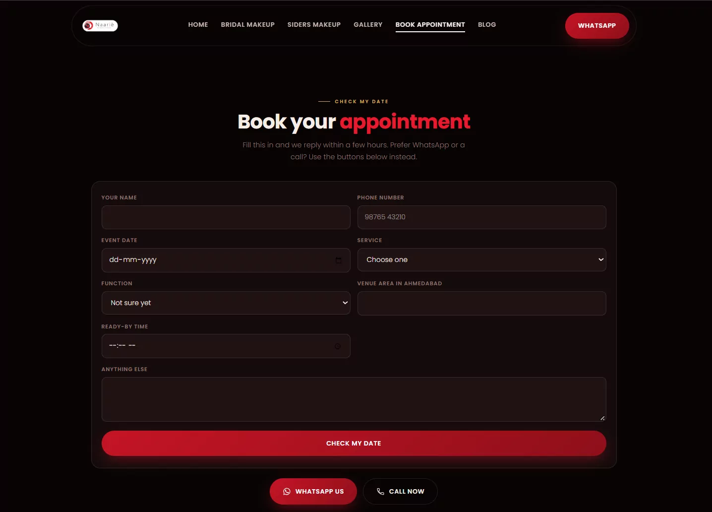 Naarie booking page with a Check my date form and WhatsApp and call buttons