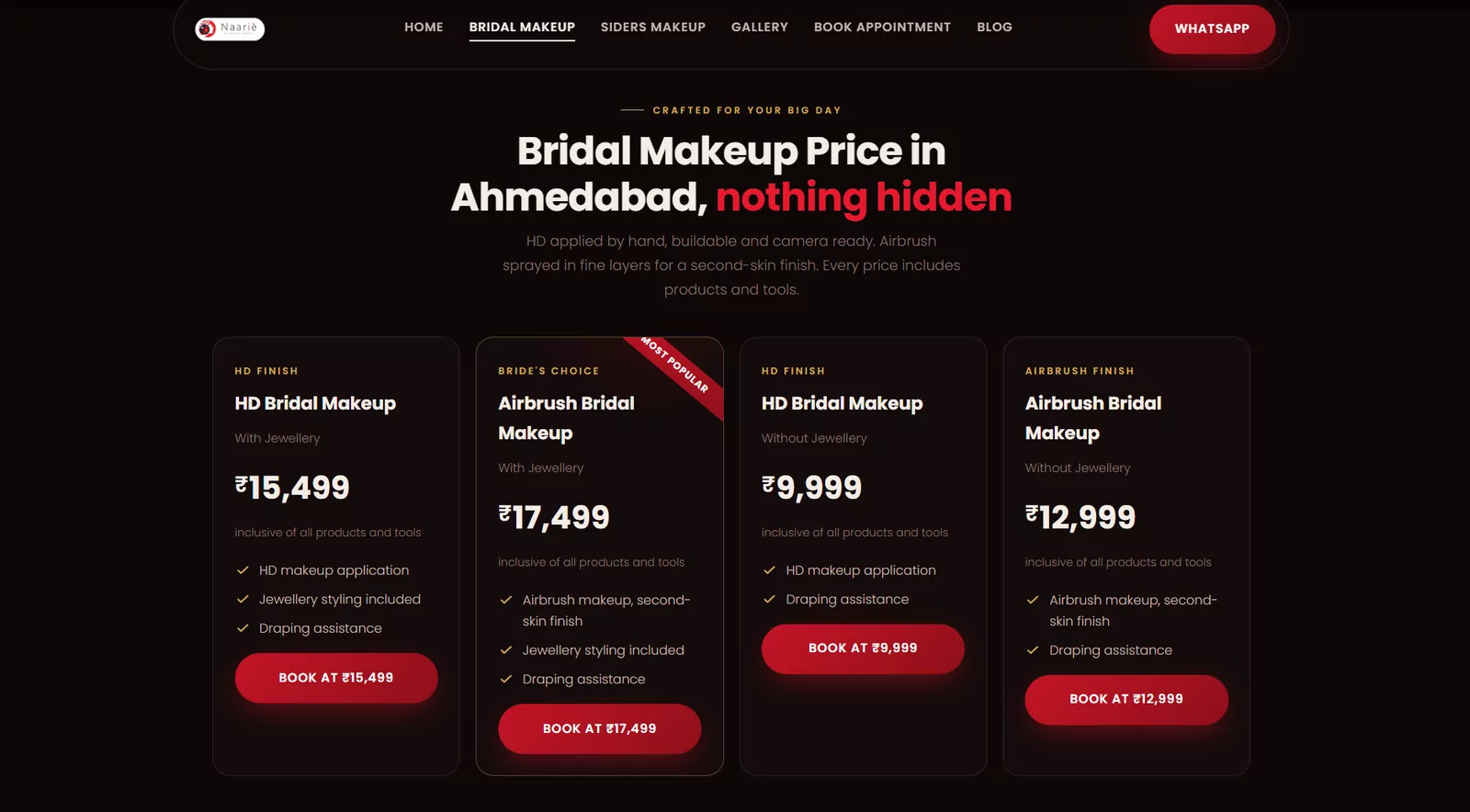 Naarie bridal makeup price page listing HD and airbrush packages from ₹9,999 to ₹17,499