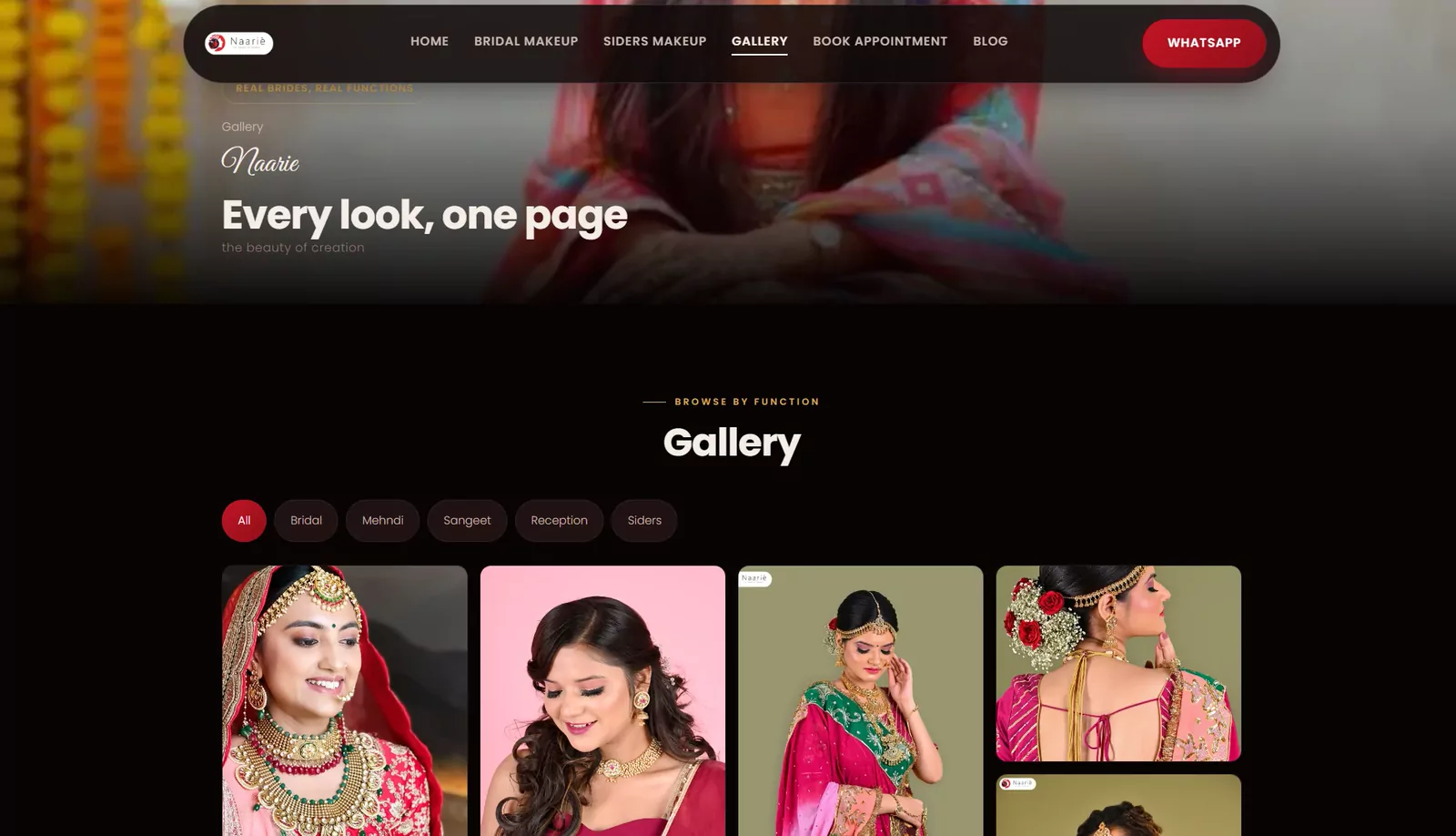 Naarie gallery page with filters for bridal, mehndi, sangeet, reception and siders looks